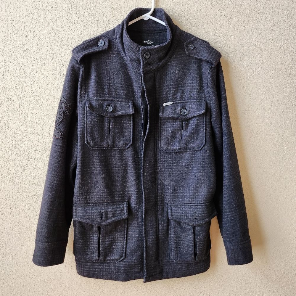 Marc Ecko black gray wool coat zip front button closure size M/L